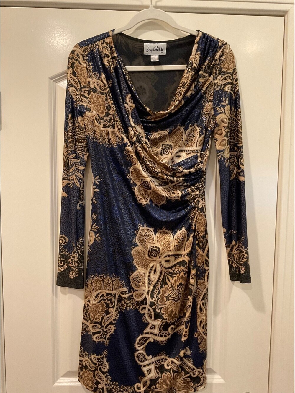 Joseph Ribkoff Blue Gold Paisley Floral Cowl Neck Ruched Faux Wrap Dress Sz8 EUC